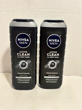 NIVEA MEN Active Clean 3-in-1 Body Wash — Black (Natural Charcoal)-Bundle of 4